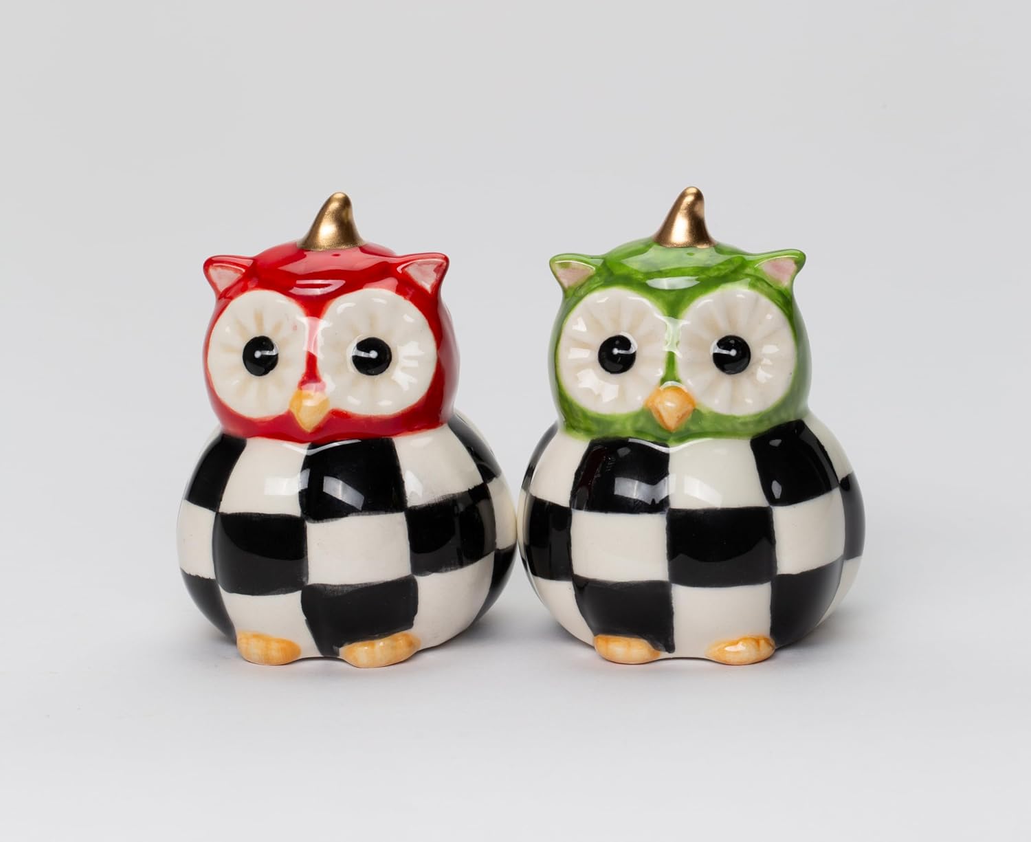 Cosmos Gifts Fine Ceramic Owl Couple with Checkered Pumpkin Salt & Pepper Shakers Set 2-3/4" H