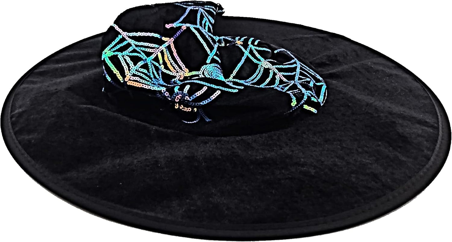 Black Velvet Witch Hat with Blue Iridescent Sequin Spider Webs