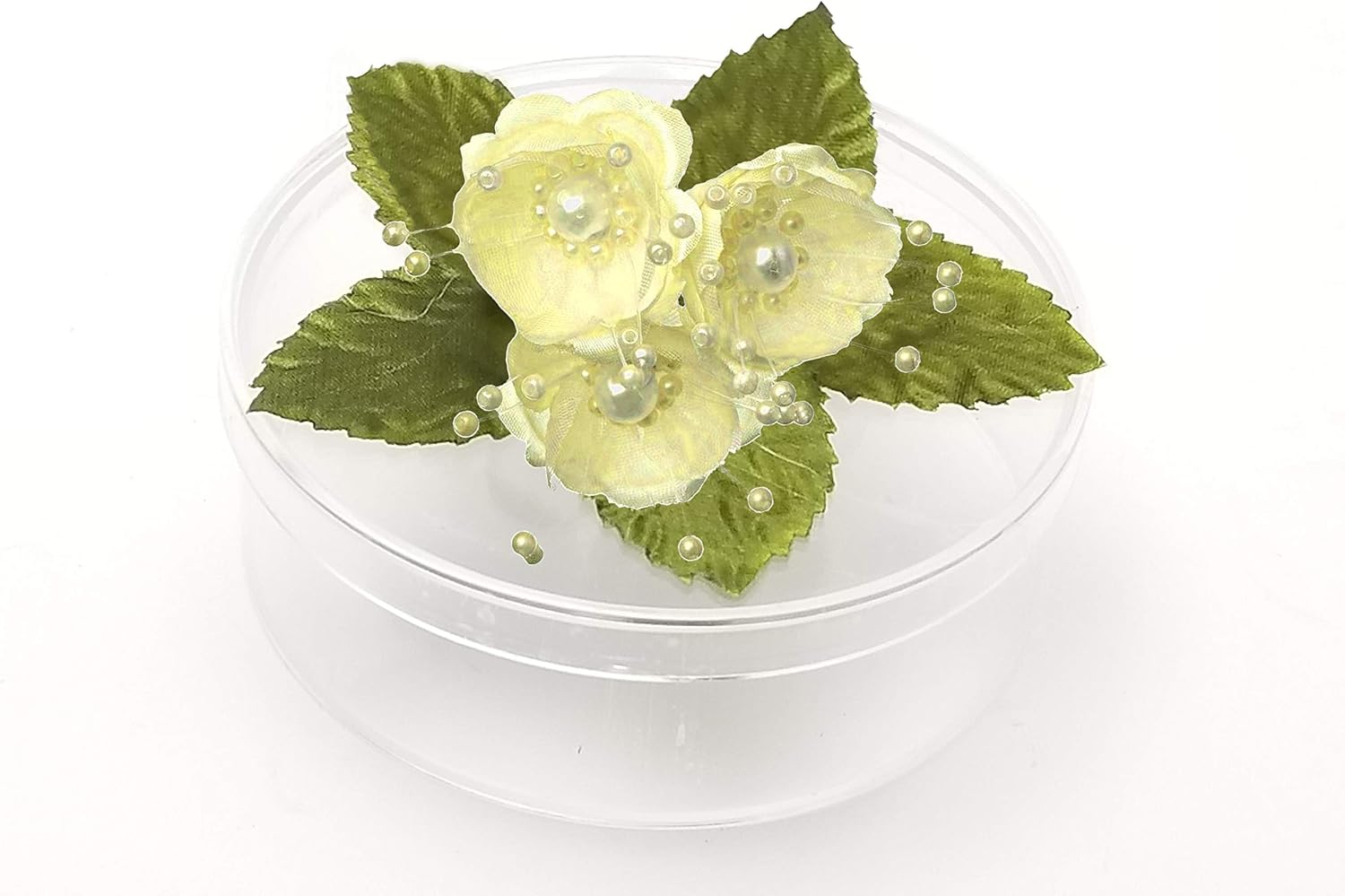 PFP Clear Round Plastic Cookie Nut Candy Box with Pearl Satin Organza Flower Yellow 4.5" Diameter Set of 3