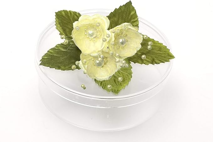 PFP Clear Round Plastic Cookie Nut Candy Box with Pearl Satin Organza Flower Yellow 4.5" Diameter Set of 3