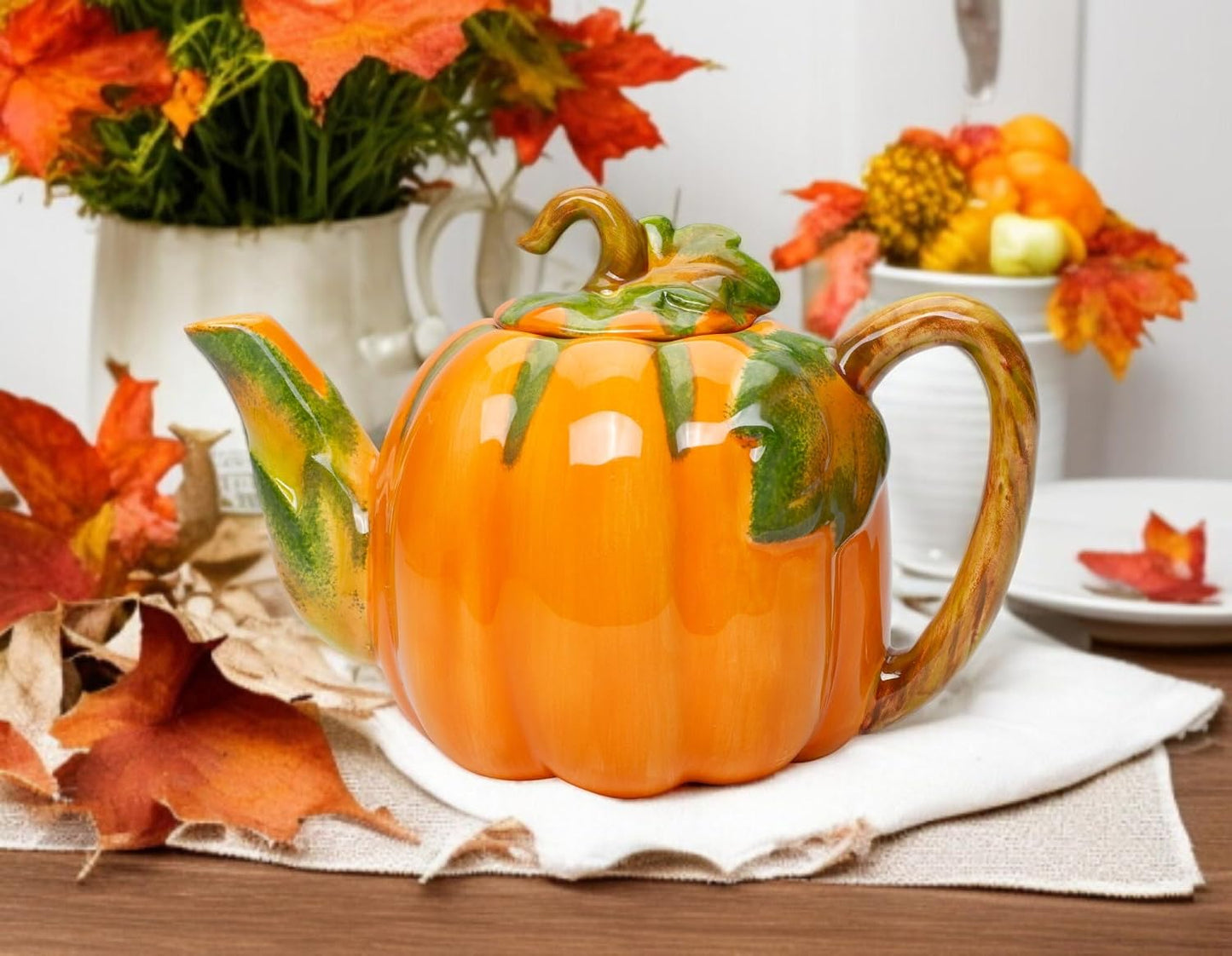 Cosmos Gifts Fine Ceramic Pumpkin Teapot 8" L Multicolor