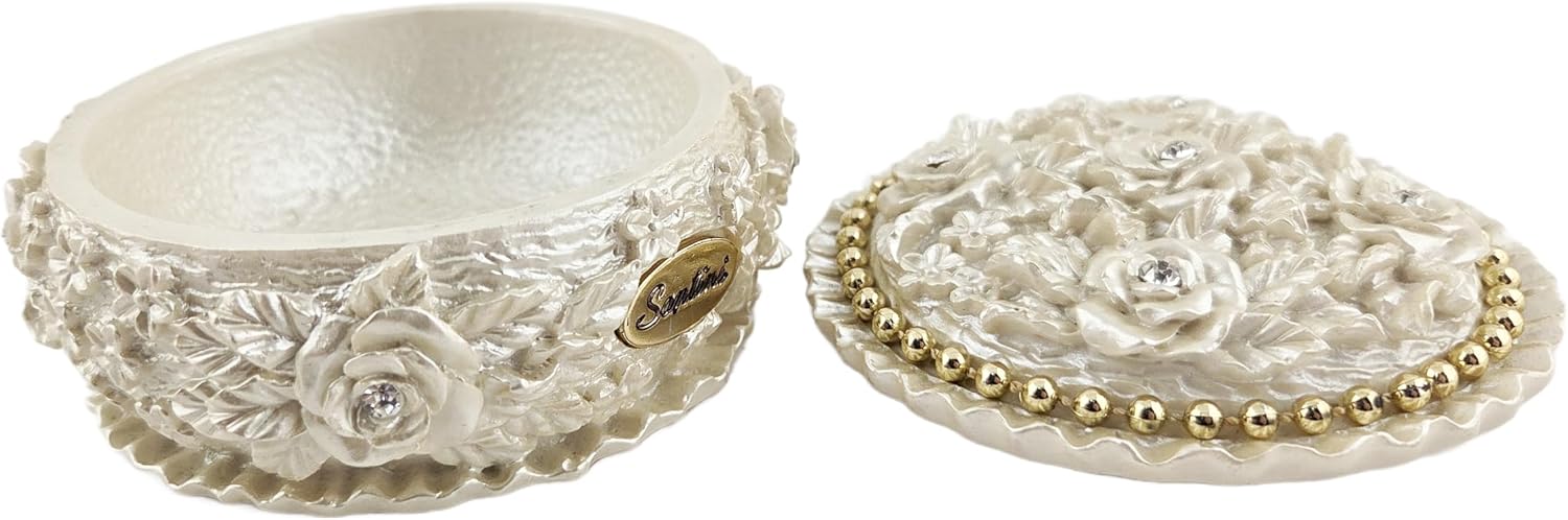 Party Favors Plus Polyresin Trinket Box Ivory Pearl Rose Design Rhinestone Accents Round 3.5x1.75 Inch