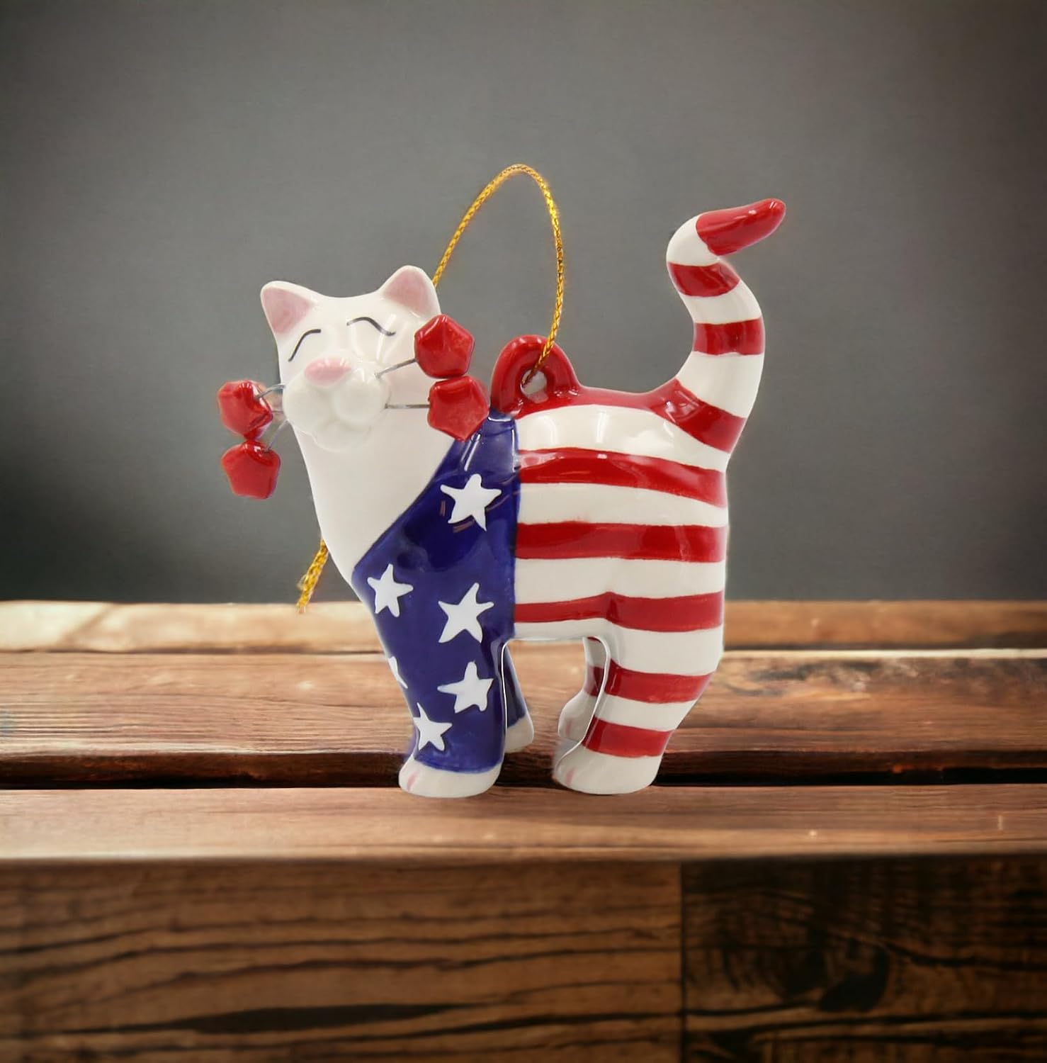 Cosmos Gifts Fine Ceramic Whisker Uncle Sam Cat Patriot American Flag Figurine 5-3/4" H