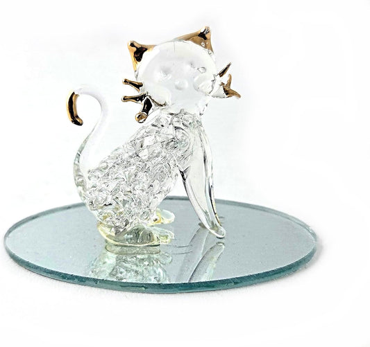 Party Favors Plus Clear Glass Cat Figurine Gold Plated Accents Oval Mirror Base 2.5 Inch