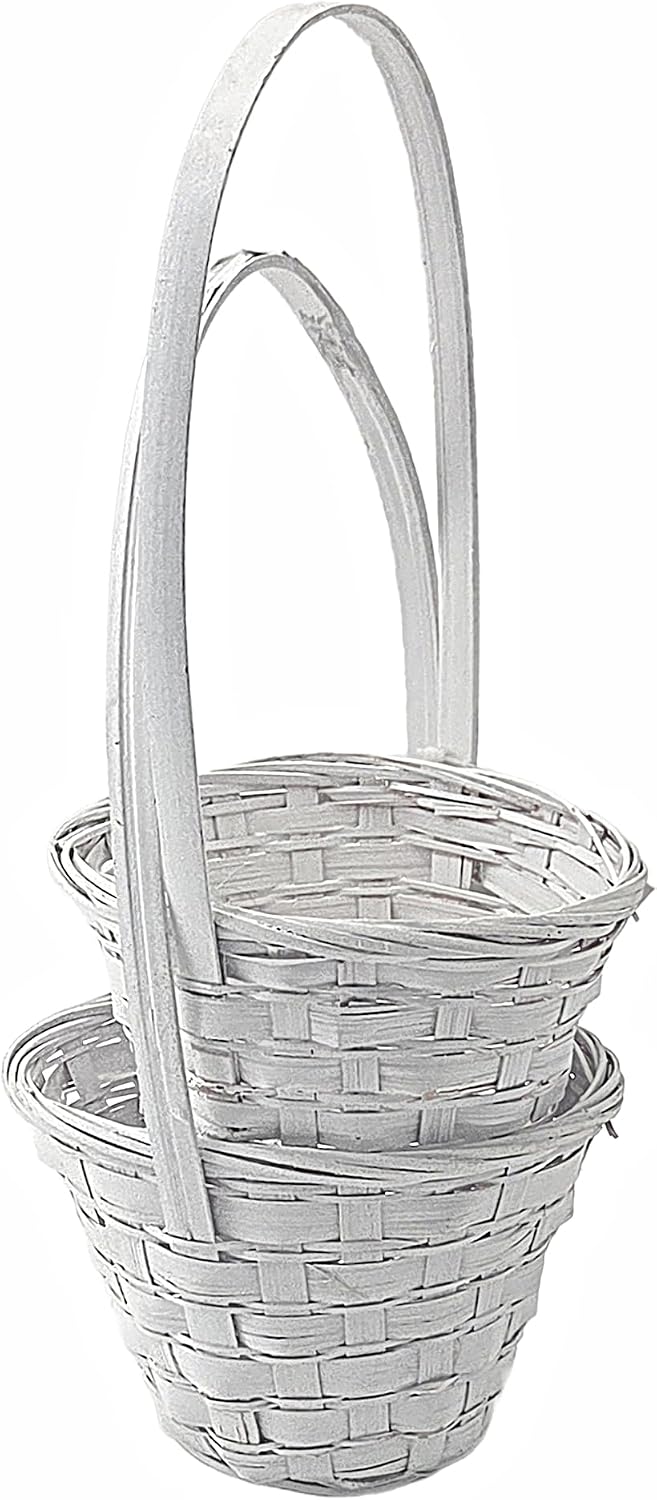 Round White Wicker Baskets with Handle, 2 Pieces