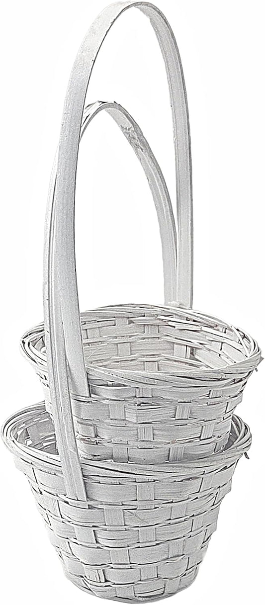 Round White Wicker Baskets with Handle, 2 Pieces