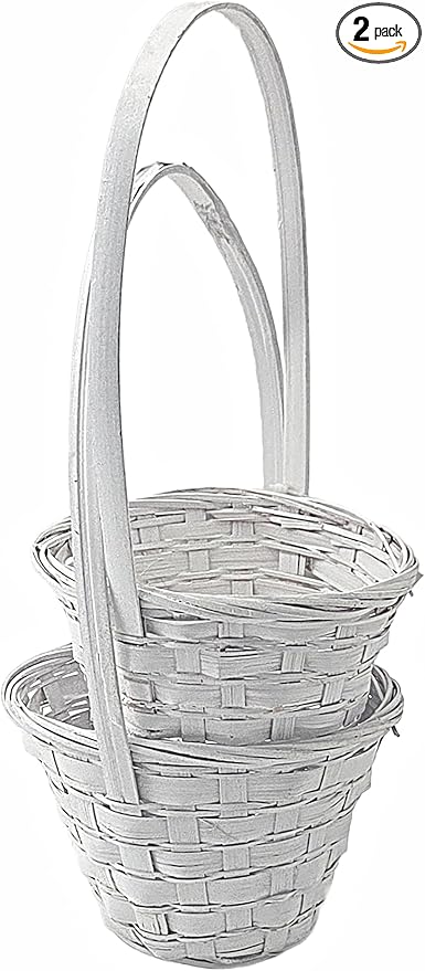 Round White Wicker Baskets with Handle, 2 Pieces