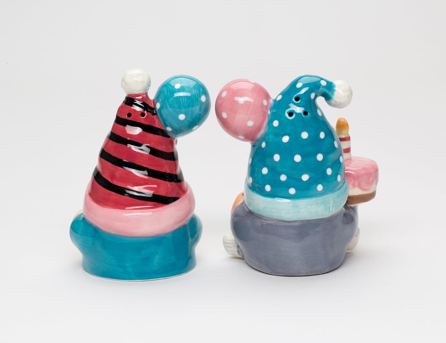 Cosmos Gifts Fine Ceramic Happy Birthday Gnome Couple Salt and Pepper Shakers Set 3-5/8" H Pink Blue White
