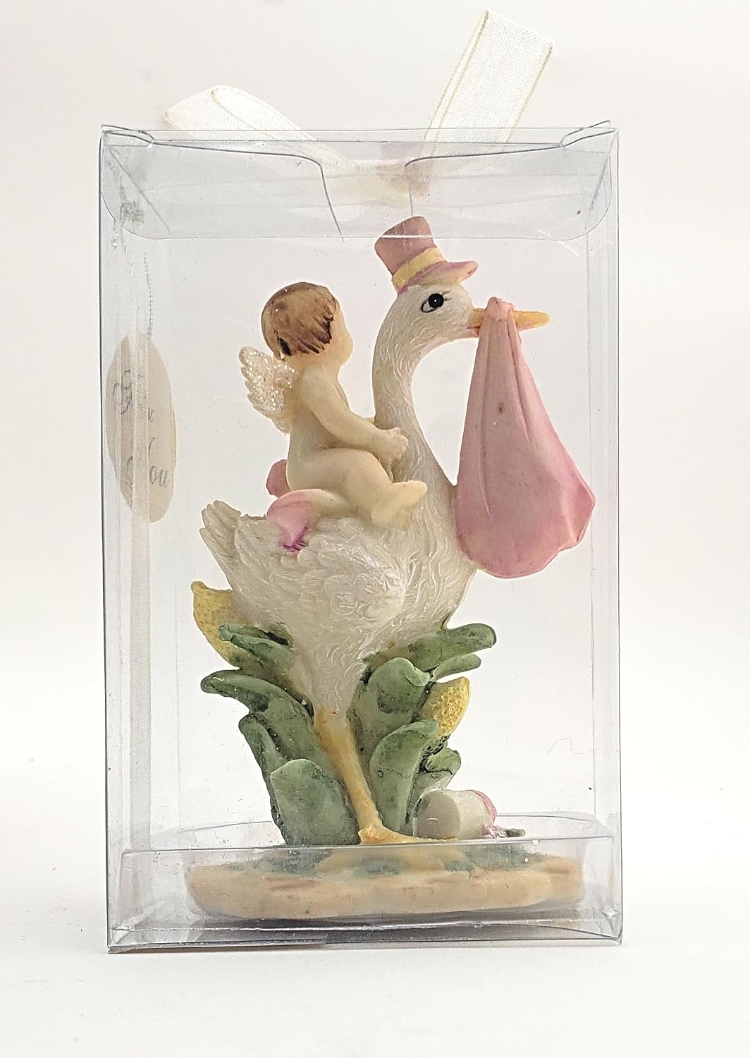 Pink and White Baby Angel and Stork Figurines, 2 Pieces