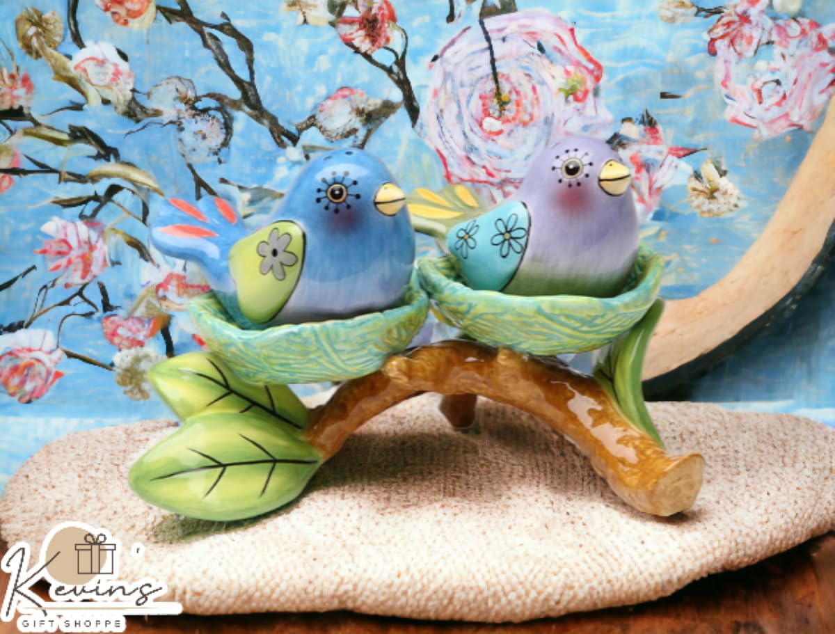 Cosmos Gifts Fine Ceramic Flights of Fancy Birds Couple in Bird Nest Salt and Pepper Shakers Set 3 pcs 5-1/8" L Multicolor