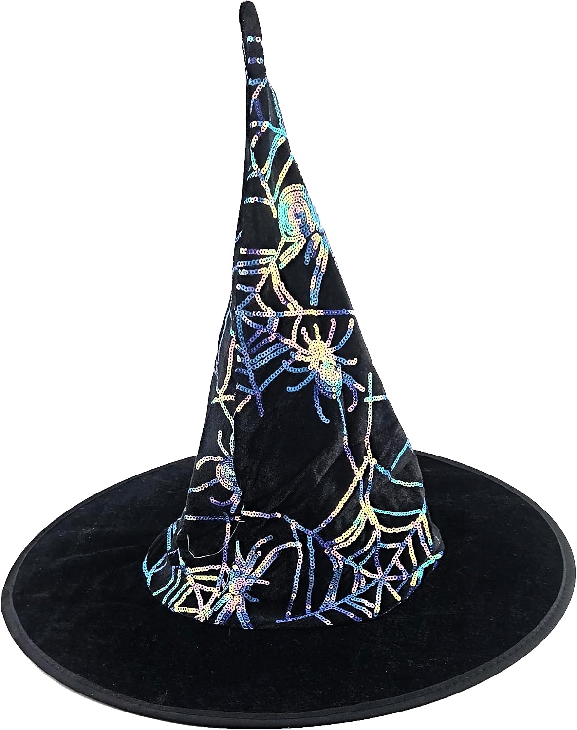 Black Velvet Witch Hat with Blue Iridescent Sequin Spider Webs