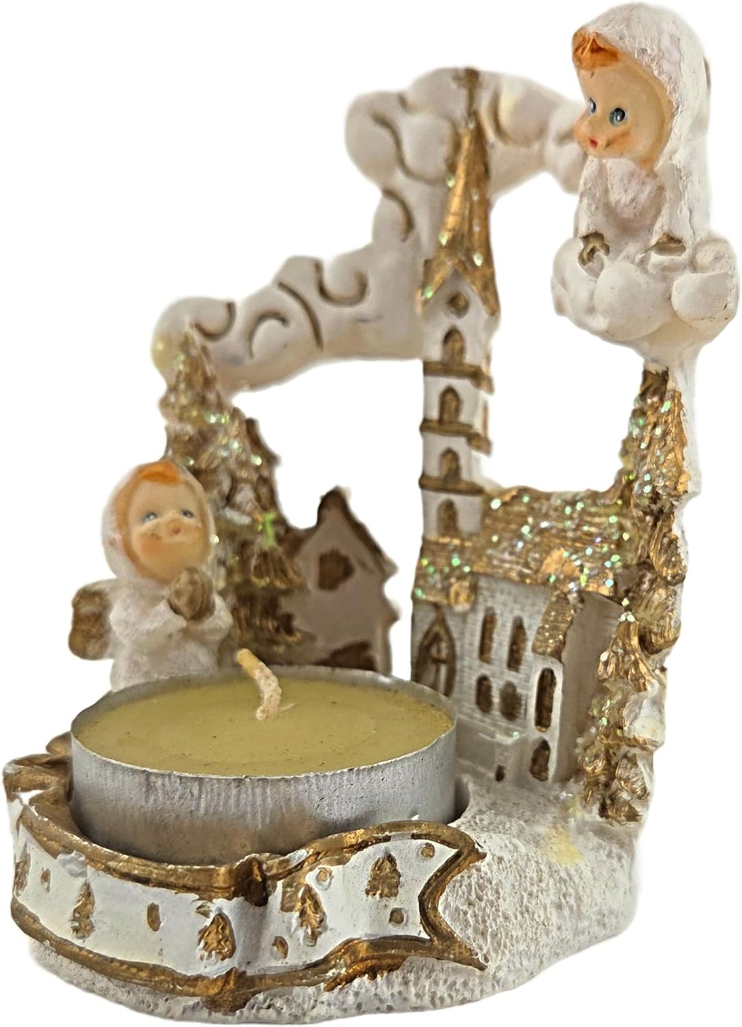 Party Favors Plus Angel and Church Figurine Tea Light Candle Holder White Gold Polyresin 3 Inch Set of 2