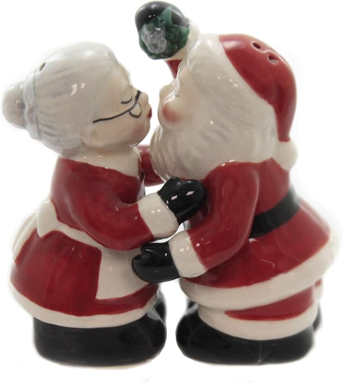 Cosmos Gifts Fine Ceramic Kissing Santa & Mrs. Claus Under Mistletoe Salt & Pepper Shakers Set 3-3/8" H