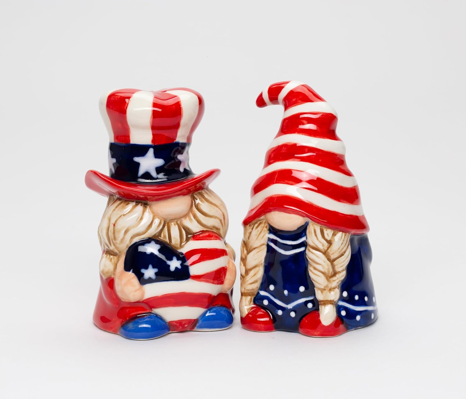 Cosmos Gifts Fine Ceramic Fourth of July Independence Day Gnome Patriotic Couple Salt and Pepper Shakers Set 3-5/8" H Red White Blue