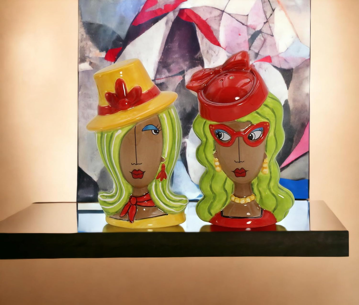 Cosmos Gifts Fine Ceramic Dollymamas African American Fashion Lady with Hats Salt & Pepper Shakers Set 4-1/2" H 62622