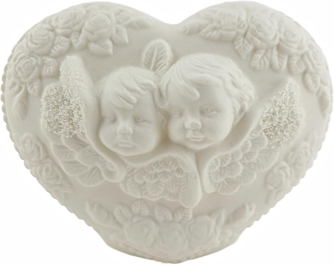 Party Favors Plus Heart-Shaped Ceramic Planter Vase White Cherub Rose Relief 4x5 Inch