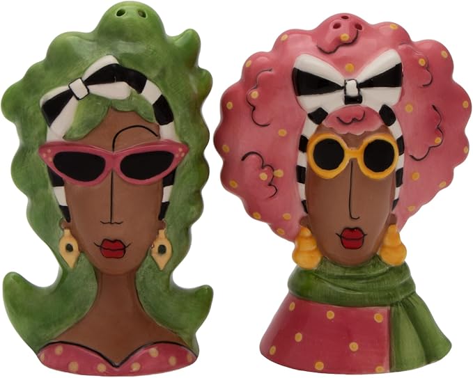 Cosmos Gifts Fine Ceramic Dollymama's African American Fashion Lady with Sunglasses Salt & Pepper Shakers Set 4-3/8" H Brown