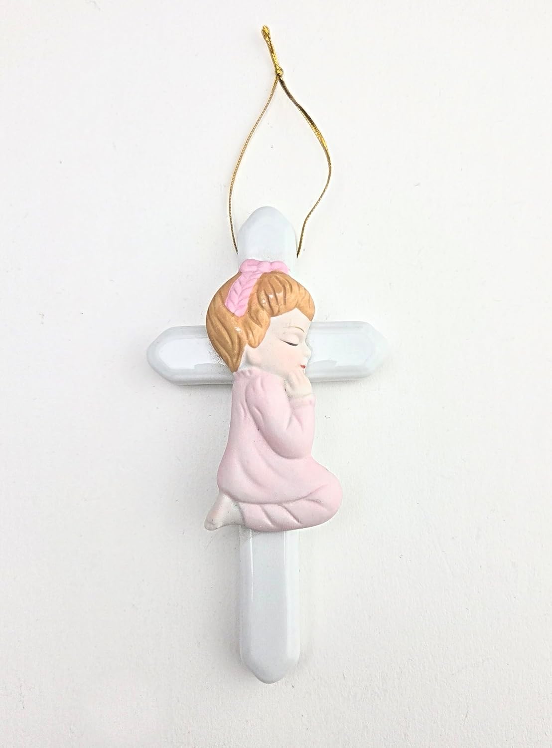 Party Favors Plus Pink White Ceramic Praying Angel Cross Ornament 4 Inch Set of 2
