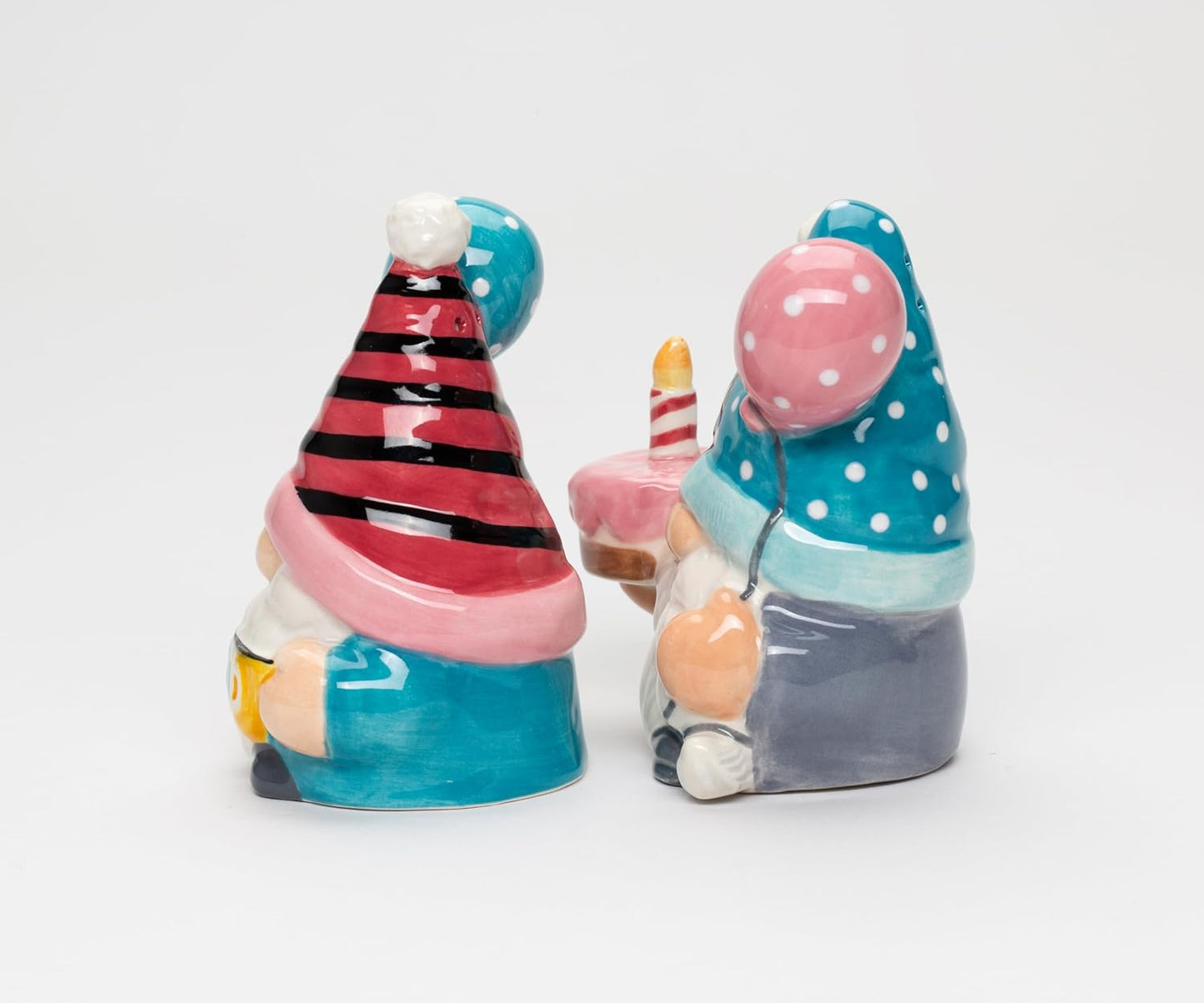 Cosmos Gifts Fine Ceramic Happy Birthday Gnome Couple Salt and Pepper Shakers Set 3-5/8" H Pink Blue White