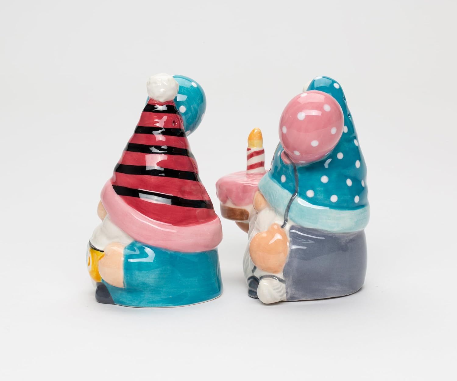 Cosmos Gifts Fine Ceramic Happy Birthday Gnome Couple Salt and Pepper Shakers Set 3-5/8" H Pink Blue White