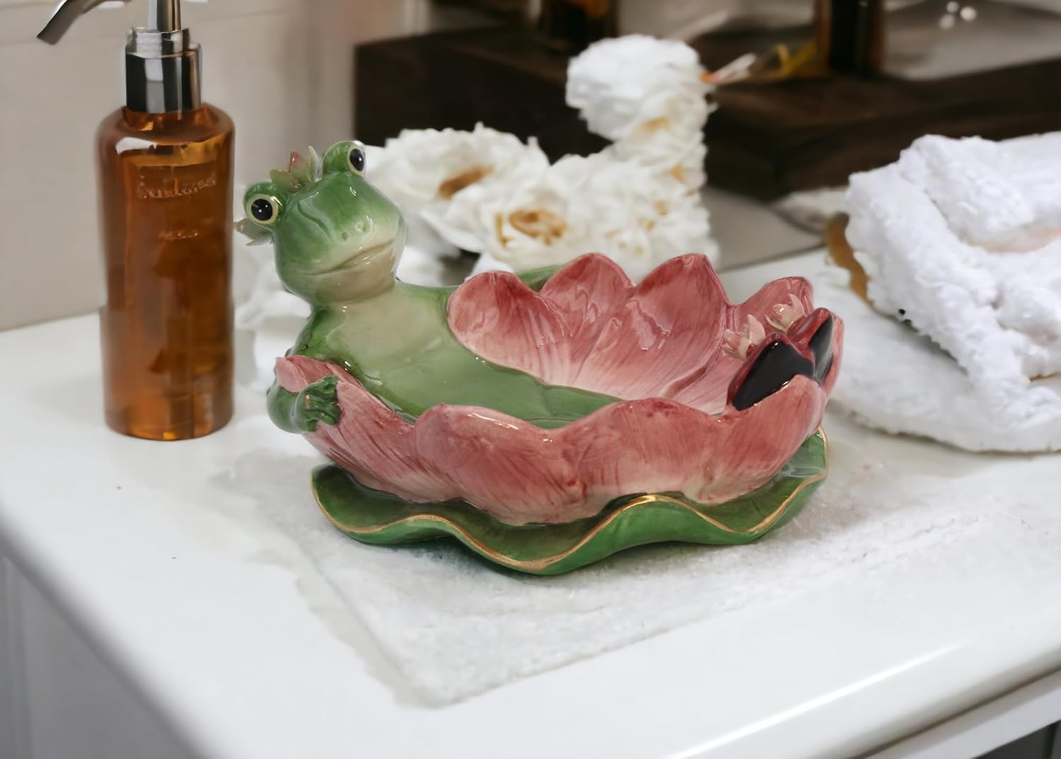 Cosmos Gifts Fine Ceramic Frogalina Frog on Water Lily Flower Nic Nac Soap Dish 6-1/4" L