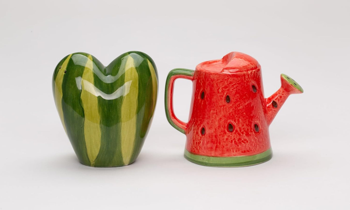 Cosmos Gifts Fine Ceramic Summer Love Red Heart Watermelon and Watermelon Watering Can Salt & Pepper Shakers Set 3-7/8" H