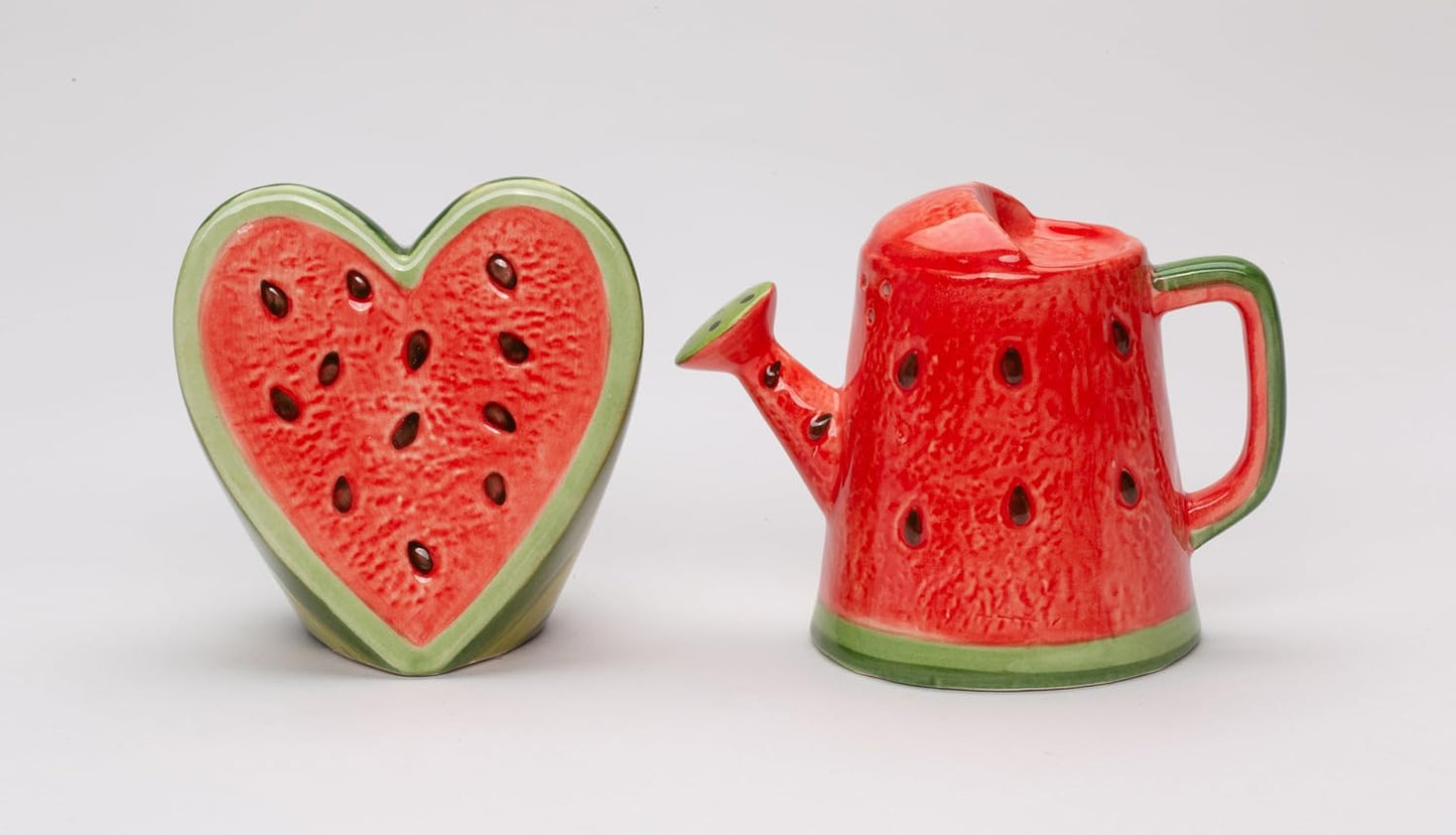 Cosmos Gifts Fine Ceramic Summer Love Red Heart Watermelon and Watermelon Watering Can Salt & Pepper Shakers Set 3-7/8" H