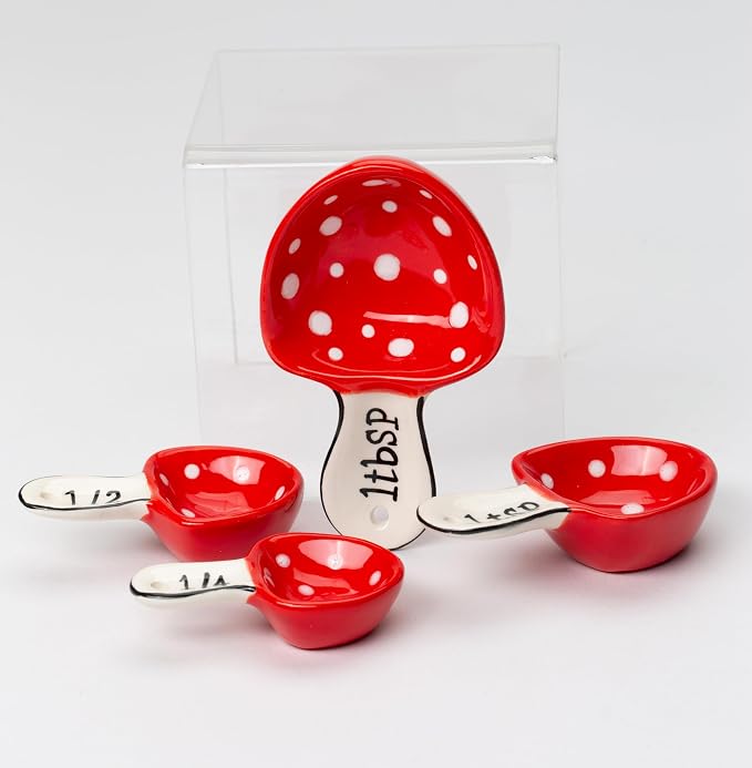 Cosmos Gifts Fine Ceramic Woodland Red Fairy Mushroom Measuring Spoons Set of 4, 3-1/4" L