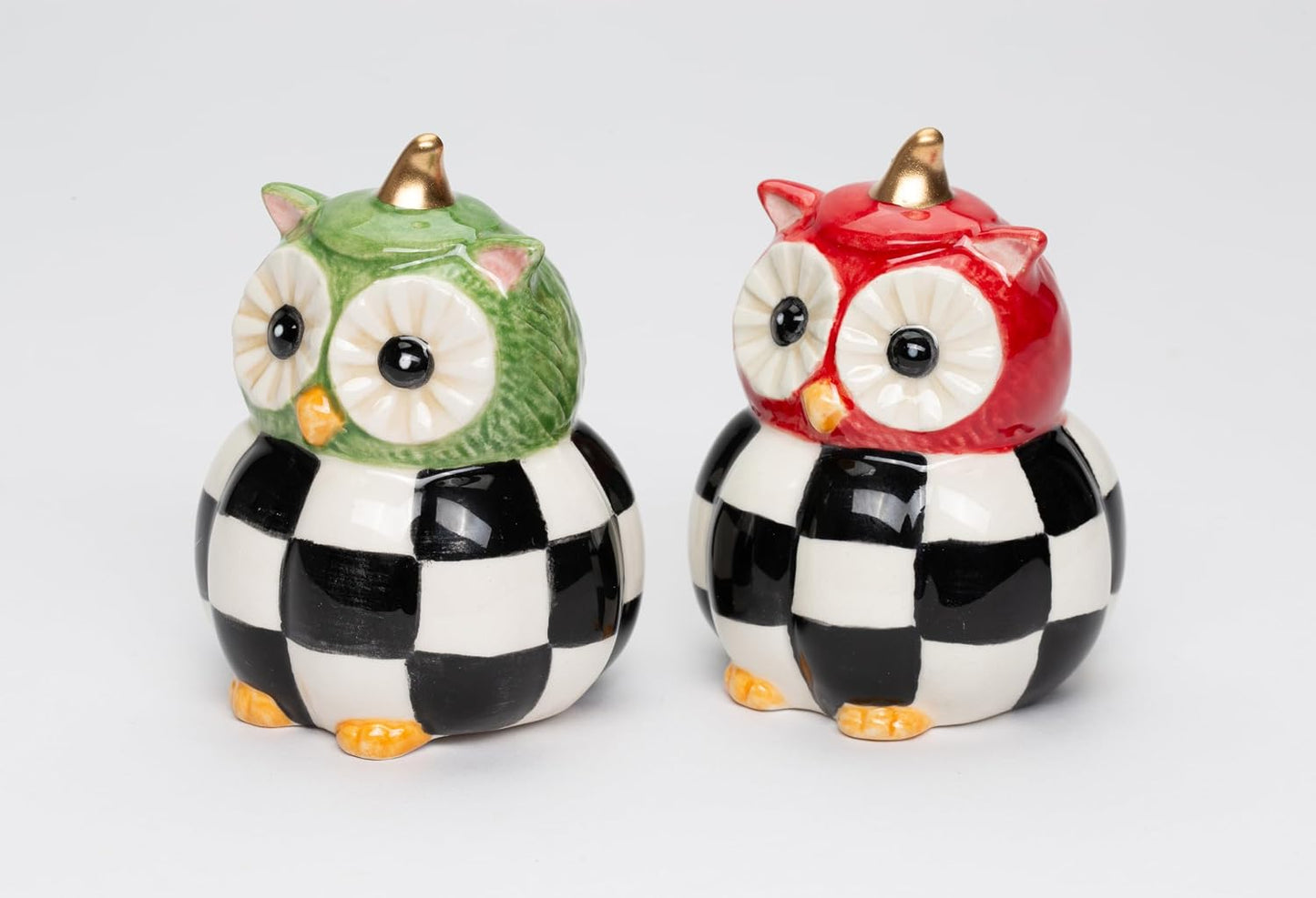 Cosmos Gifts Fine Ceramic Owl Couple with Checkered Pumpkin Salt & Pepper Shakers Set 2-3/4" H