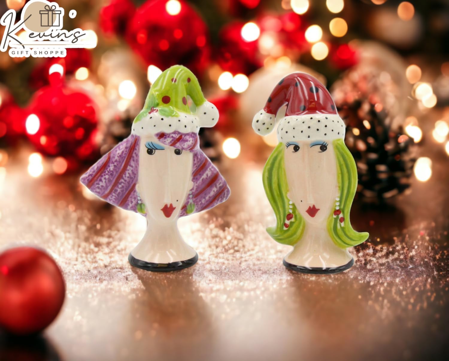Cosmos Gifts Fine Ceramic Hand Painted Dollymama's Merry Christmas Lady Wearing Santa's Hat Salt and Pepper Shakers Set 3-7/8" H