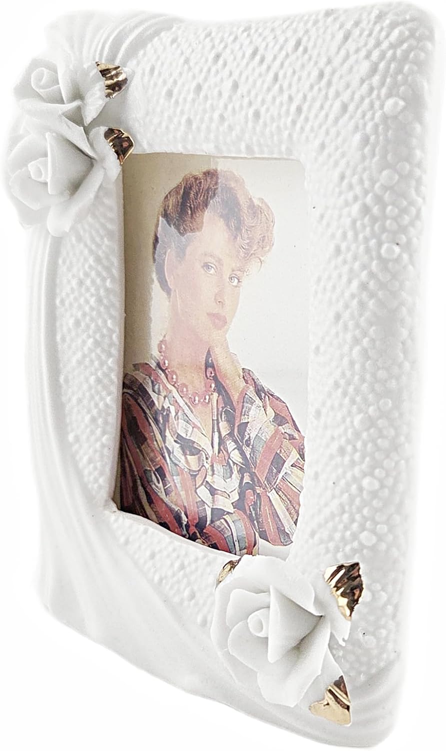 Party Favors Plus White Ceramic Picture Frame 3D Floral Accents Gold Edges 4x5 Inch