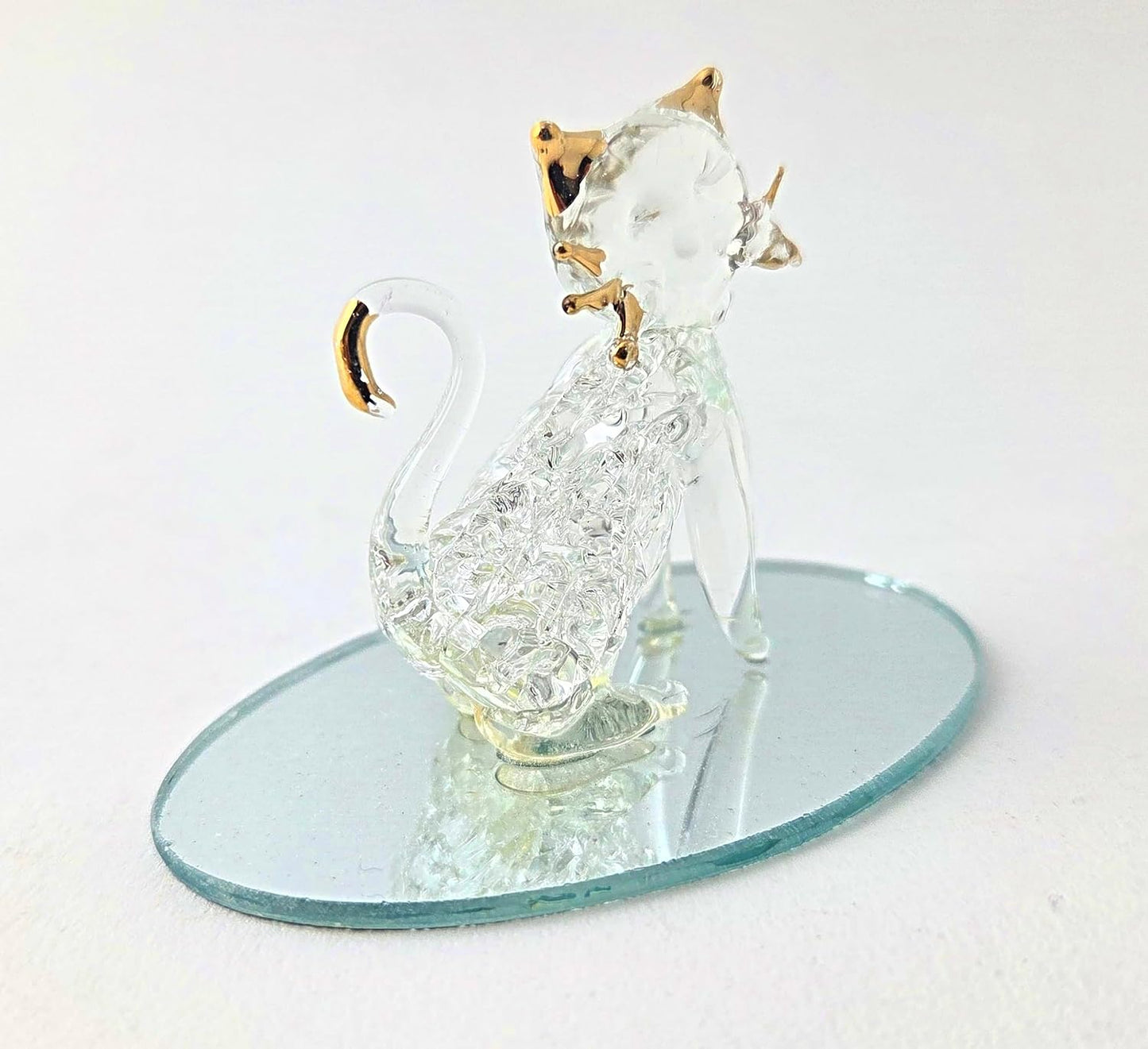 Party Favors Plus Clear Glass Cat Figurine Gold Plated Accents Oval Mirror Base 2.5 Inch