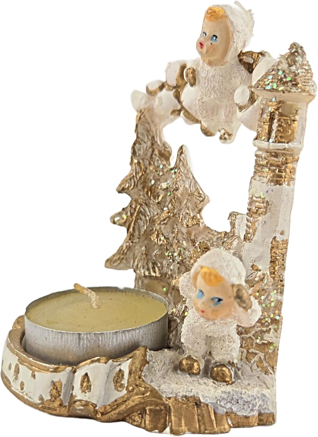 Party Favors Plus White Gold Polyresin Angel Figurine Tea Light Holder Set of 2