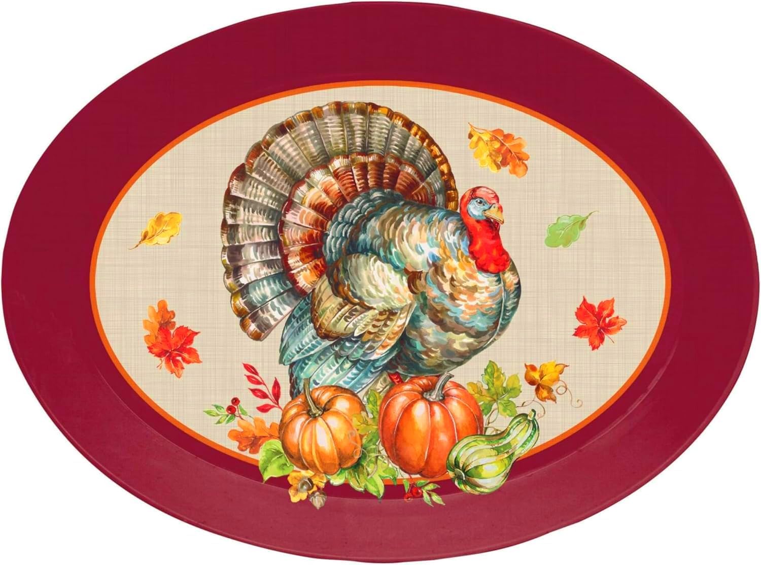 Party Favors Plus Harvest Collection Oval Serving Tray Turkey Pumpkin Burgundy 13 Inch Pack of 2