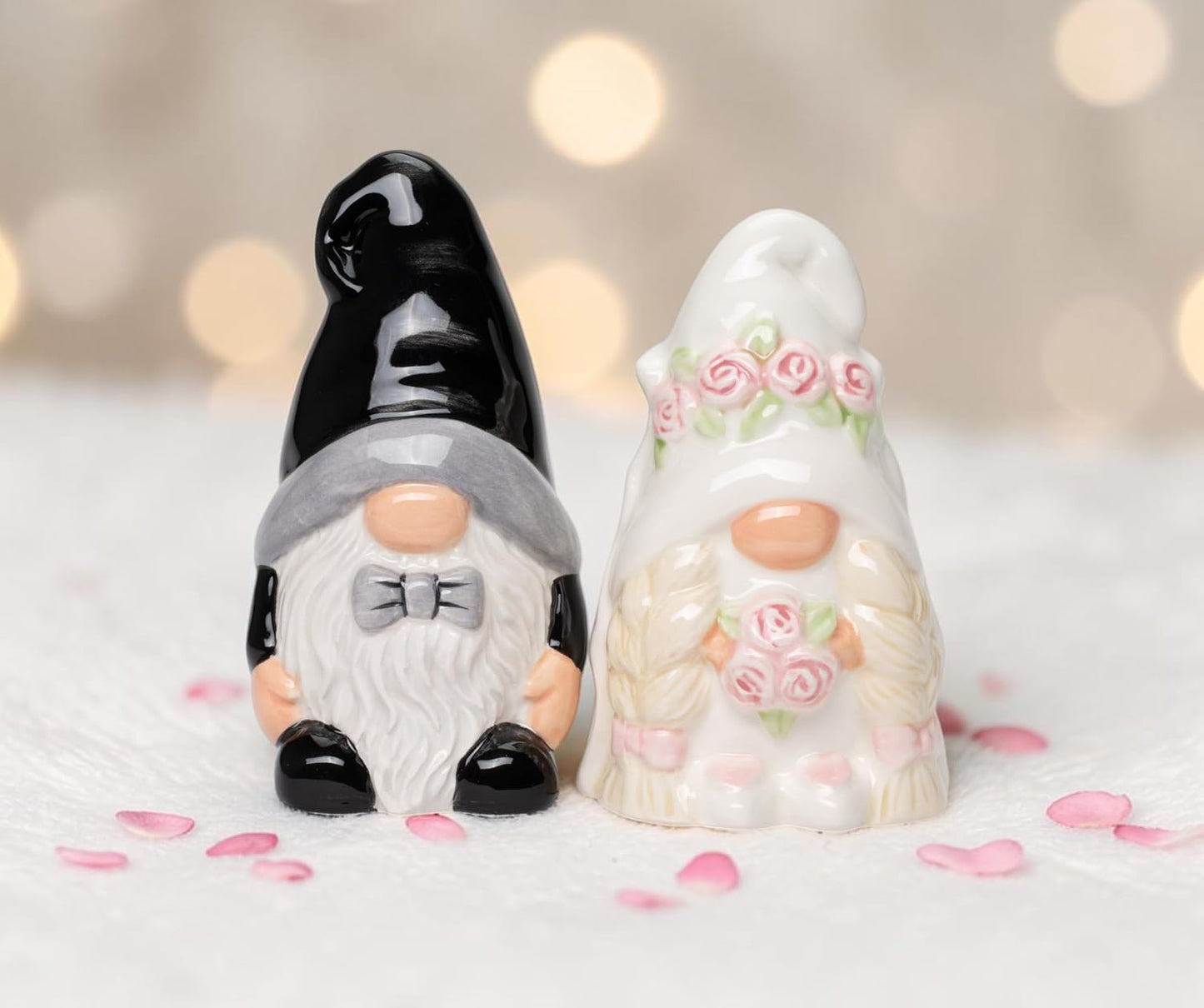 Cosmos Gifts Fine Ceramic Wedding Gnome Bride & Groom Salt and Pepper Shakers Set 4" H Black White Beige