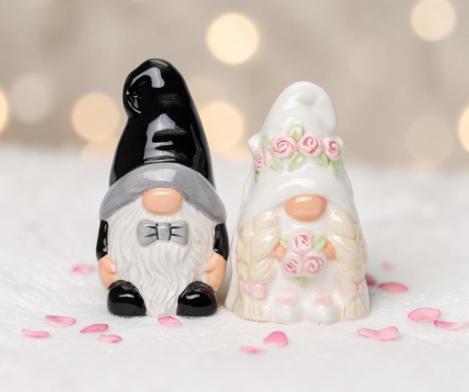 Cosmos Gifts Fine Ceramic Wedding Gnome Bride & Groom Salt and Pepper Shakers Set 4" H Black White Beige