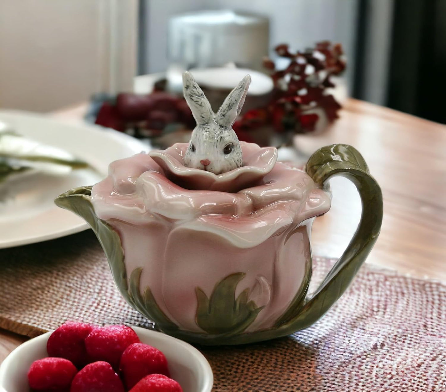Cosmos Gifts Fine Porcelain Victorian Rose Bunny Rabbit Teapot 6-7/8" L