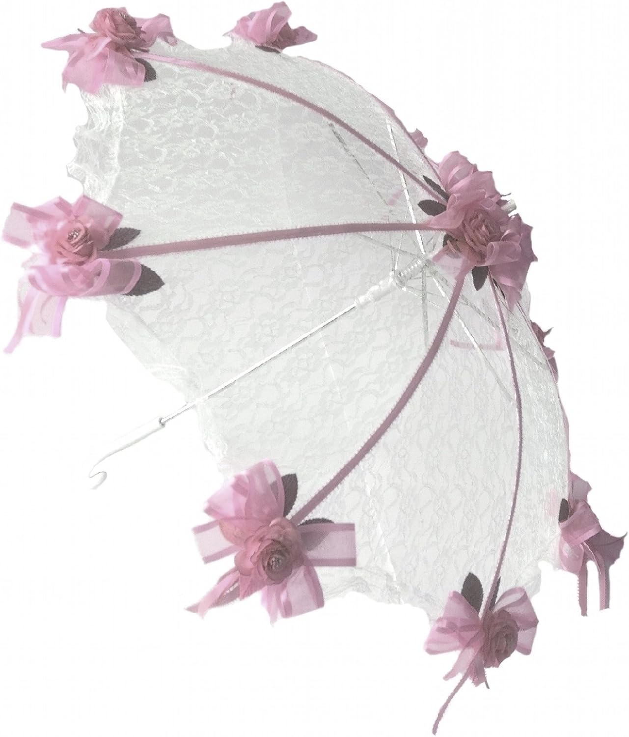 Party Favors Plus White Lace Parasol Umbrella with Light Pink Roses 36"