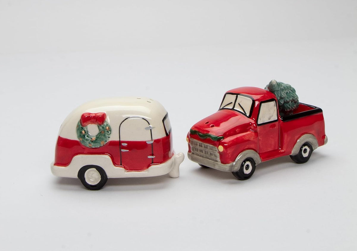 Cosmos Gifts Fine Ceramic Christmas Vintage Truck with Camper Salt and Pepper Shakers Set of 3 3-3/4" L