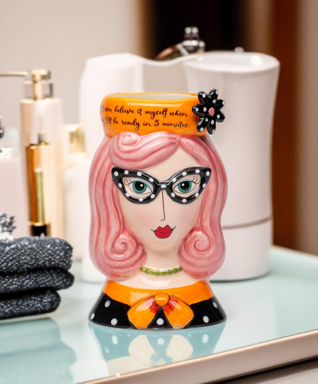 Cosmos Gifts Fine Ceramic Lady Pink Hair Pencil Vase Makeup Brush Holder 5-5/8" H 62609