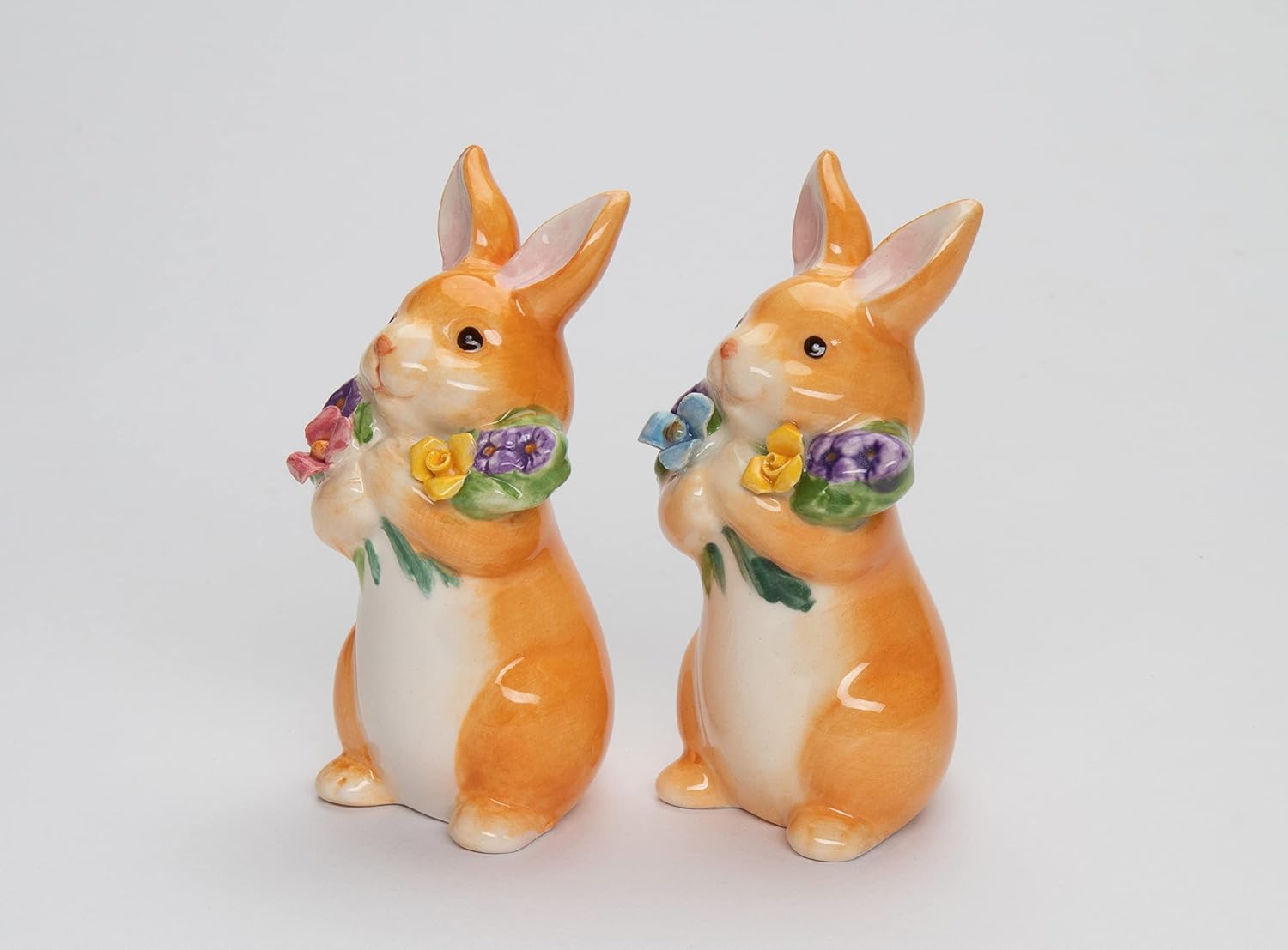 Cosmos Gifts Fine Ceramic Spring Easter Bunny Gathering Flowers Salt & Pepper Shakers Set 3-5/8" H 21066
