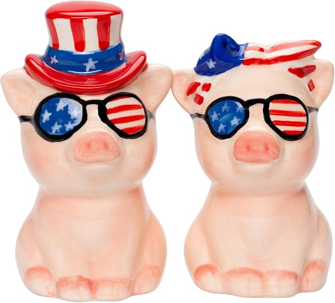 Cosmos Gifts Fine Ceramic Patriotic Fourth of July Love Couple Pig Salt and Pepper Shakers Set 3-1/2" H Multicolor