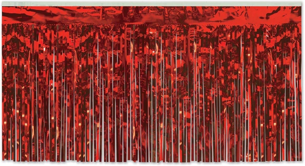PartyDeco Red Metallic Fringed Table Skirt 29" x 14' Rectangular