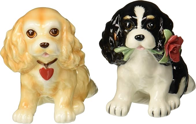 Cosmos Gifts Fine Porcelain Valentine Cocker Spaniel Dog Salt and Pepper Shakers Set 3" H Brown Black White Red