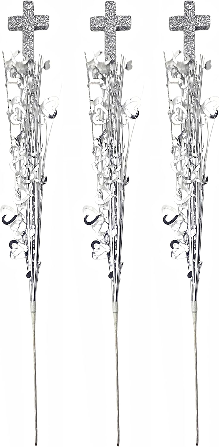 Silver Glitter Cross Hearts Onion Grass Metallic Picks, 3 Pieces