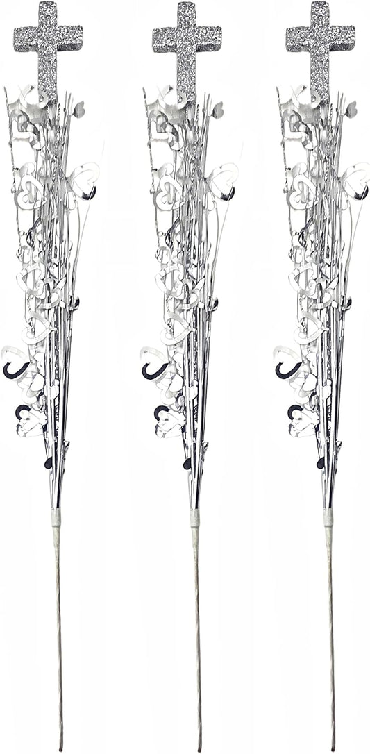 Silver Glitter Cross Hearts Onion Grass Metallic Picks, 3 Pieces