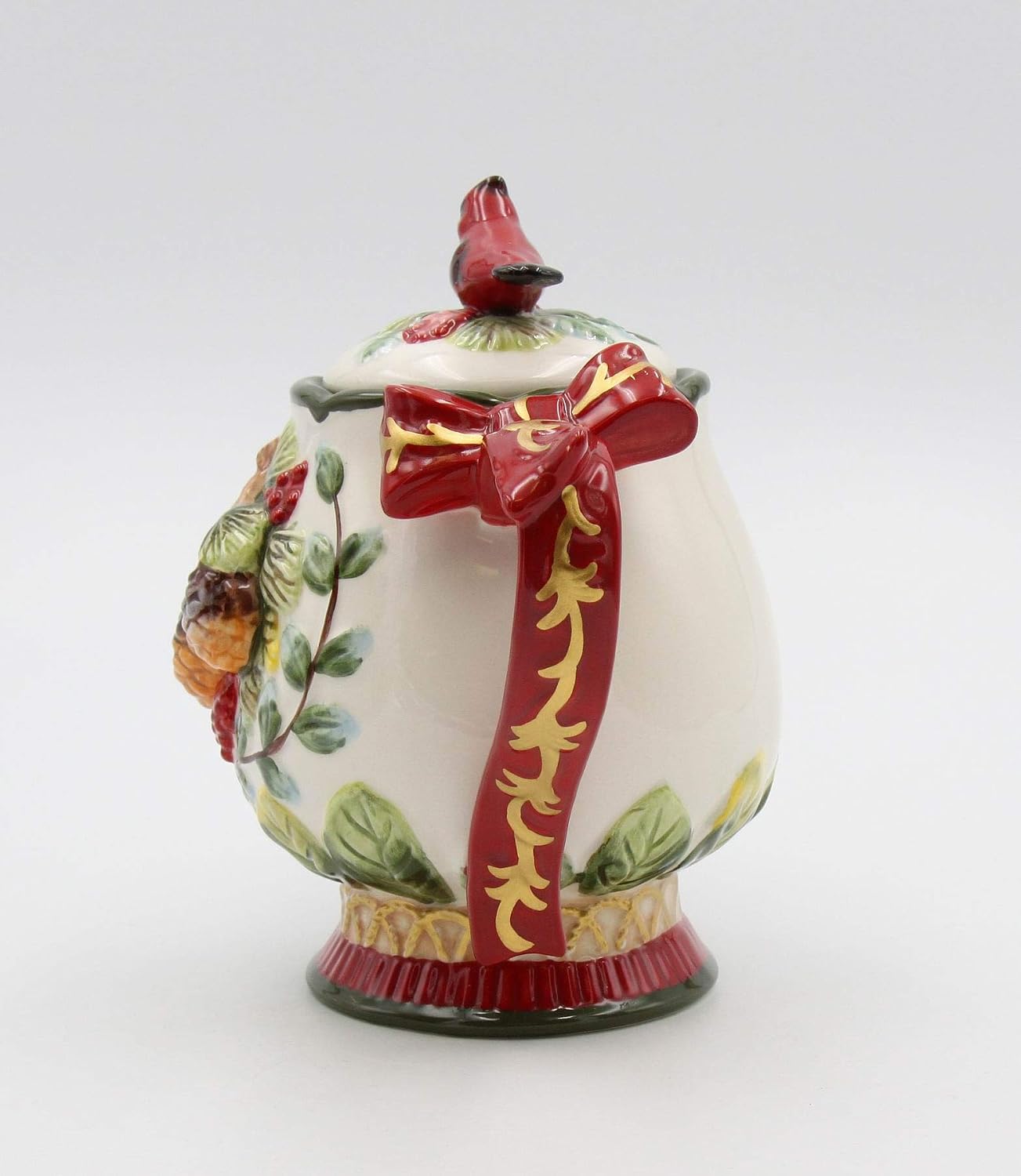 Cosmos Gifts Fine Ceramic Evergreen Holiday Red Cardinal with Pine Cones Teapot 8-1/8" L