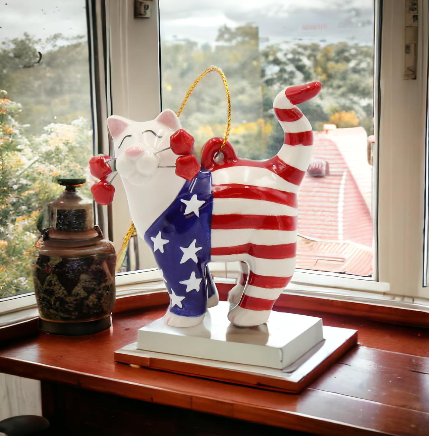 Cosmos Gifts Fine Ceramic Whisker Uncle Sam Cat Patriot American Flag Figurine 5-3/4" H