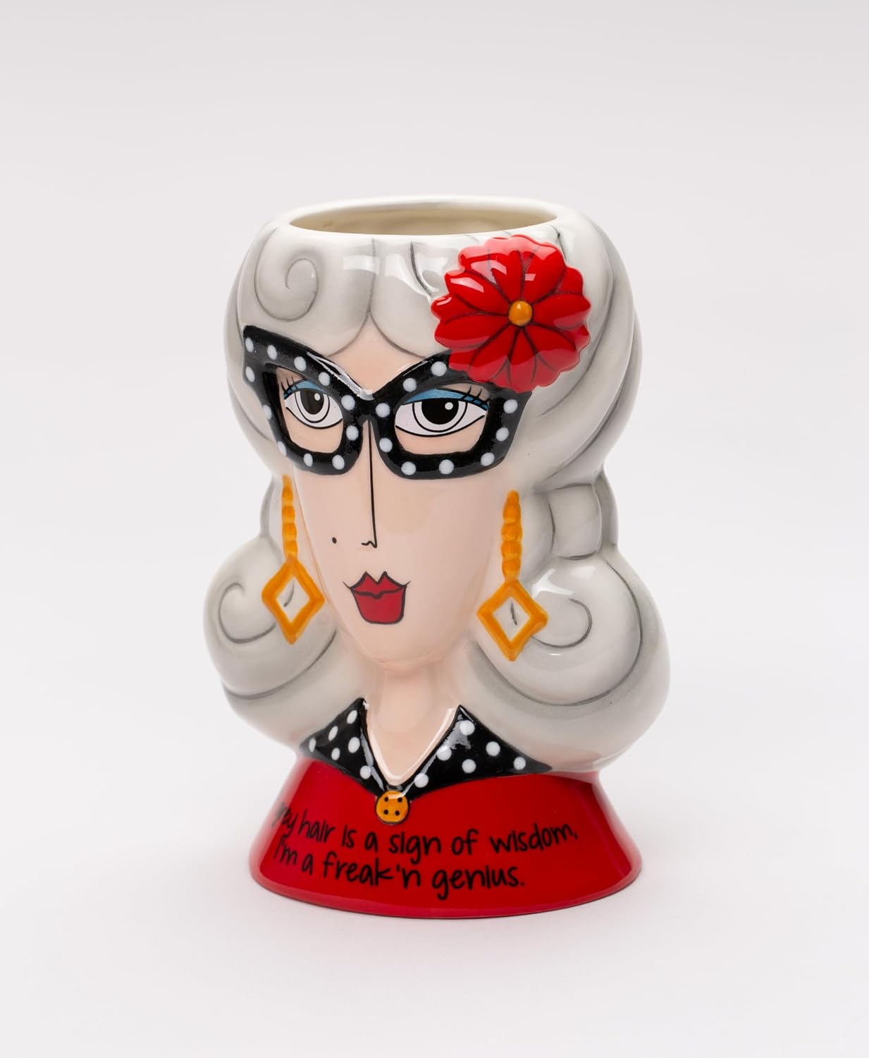 Cosmos Gifts Fine Ceramic Dolly Mama's Fashion Eyeglasses Lady Makeup Brushes Holder Vase 5-1/2" H