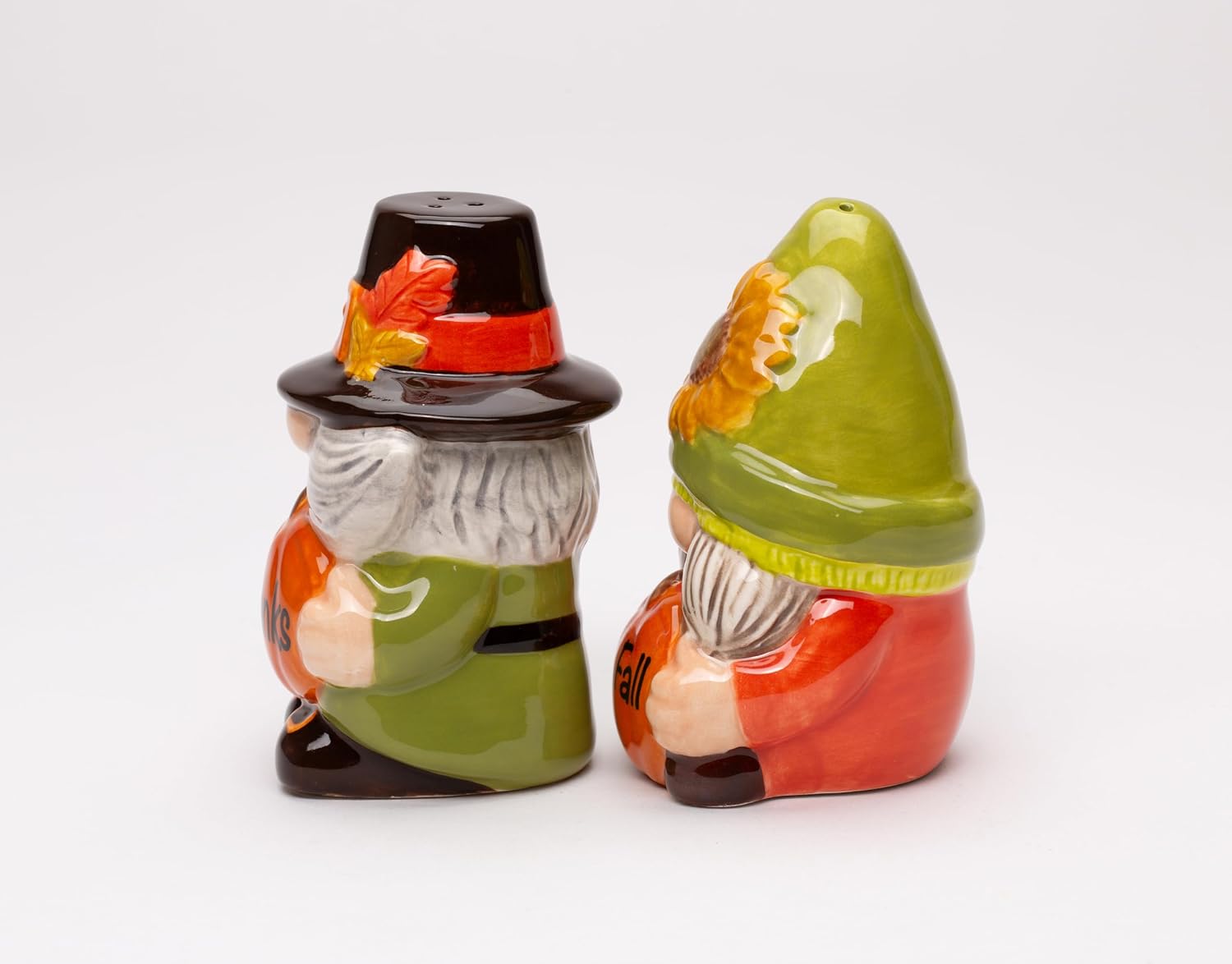 Fine Ceramic Gnome Thanksgiving Pumpkin Happy Fall Gives Thanks Salt & Pepper Shakers Set, 3-3/4" H